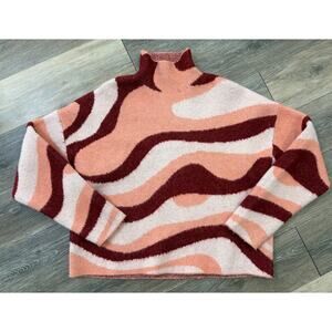 Zara Abstract Wave Sweater Medium Mock Neck Pink Orange Cozy